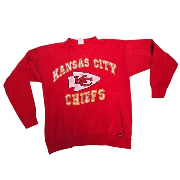 VINTAGE 90s Kansas City Chiefs red crew neck distressed sweater sweatshirt M - Picture 1 of 10